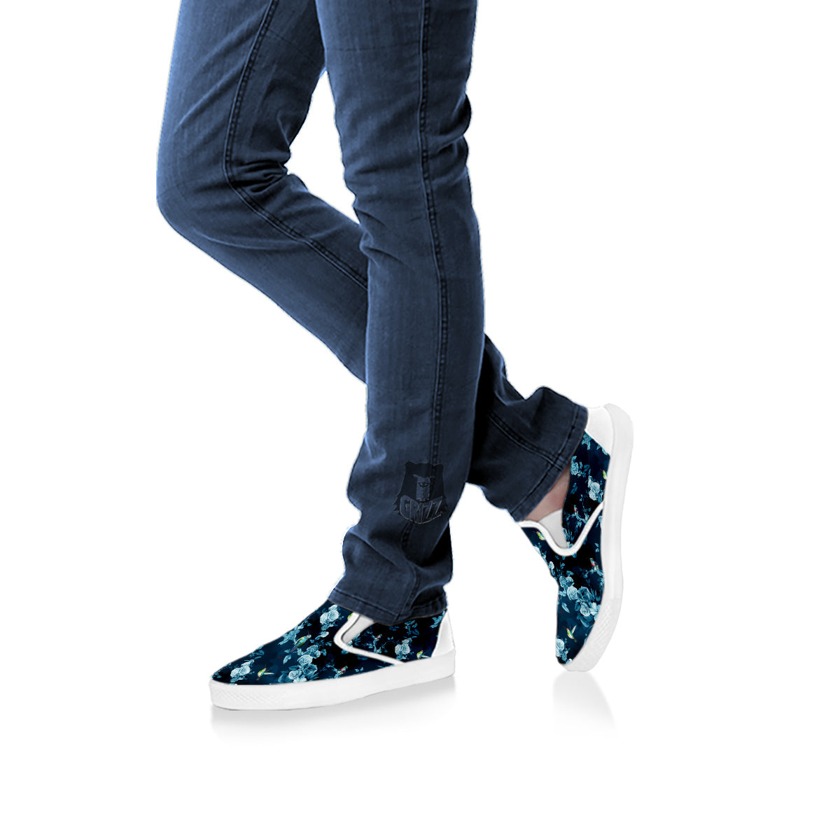Floral Hummingbird Dark Blue Print White Slip On Shoes-grizzshop