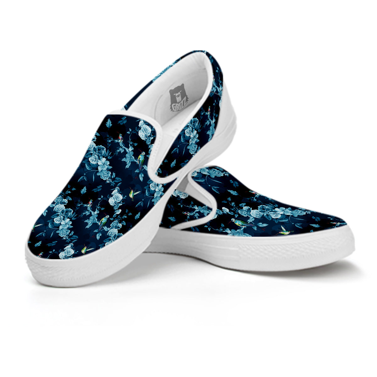Floral Hummingbird Dark Blue Print White Slip On Shoes-grizzshop