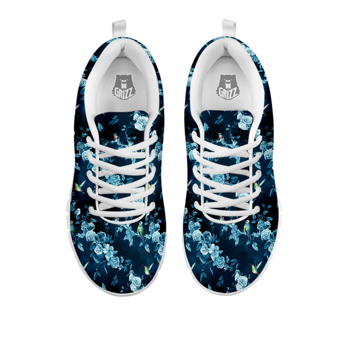 Floral Hummingbird Dark Blue Print White Sneaker-grizzshop
