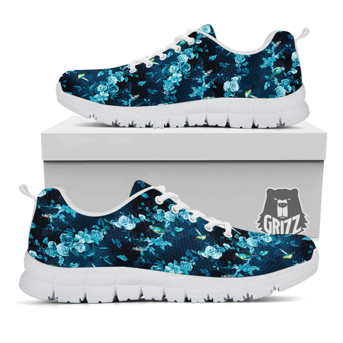 Floral Hummingbird Dark Blue Print White Sneaker-grizzshop