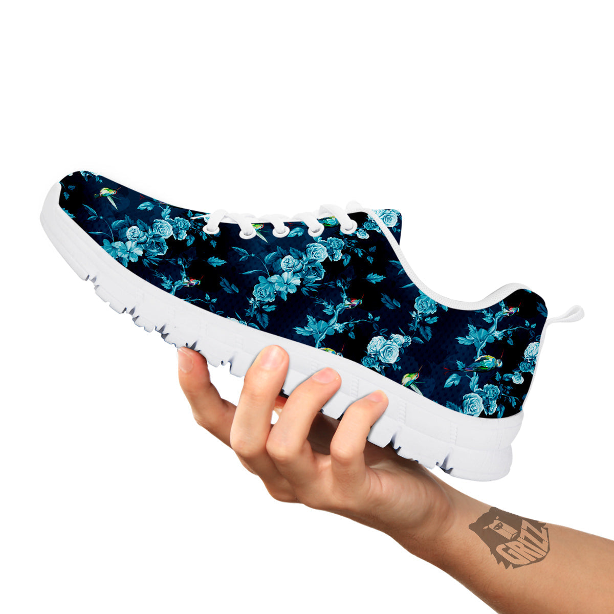 Floral Hummingbird Dark Blue Print White Sneaker-grizzshop