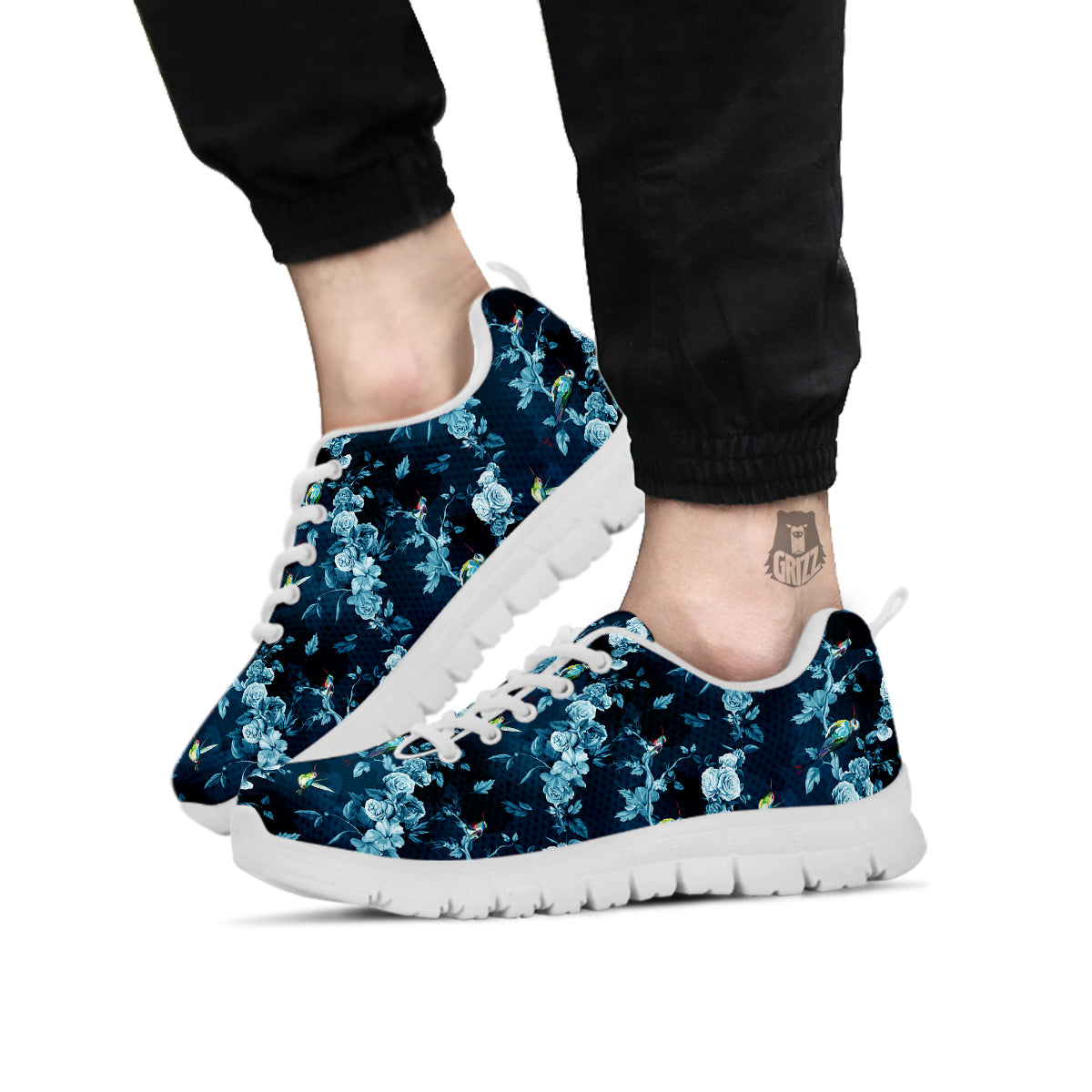 Floral Hummingbird Dark Blue Print White Sneaker-grizzshop