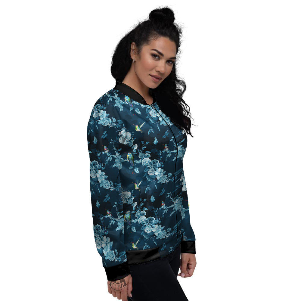 Floral Hummingbird Dark Blue Print Women's Bomber Jacket-grizzshop