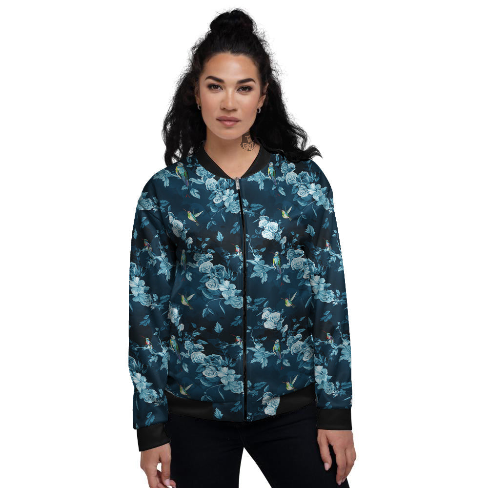 Floral Hummingbird Dark Blue Print Women's Bomber Jacket-grizzshop
