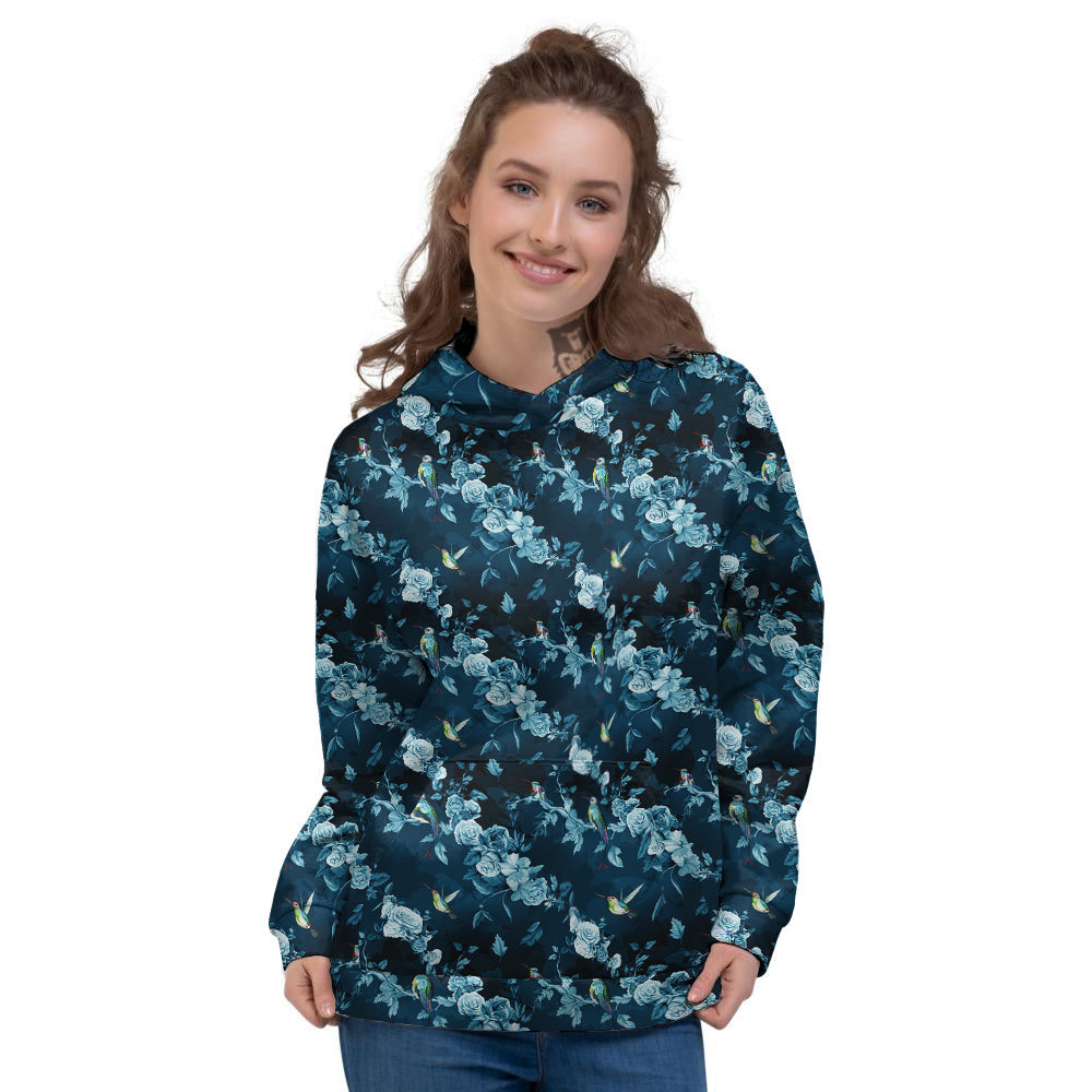 Floral Hummingbird Dark Blue Print Women's Hoodie-grizzshop