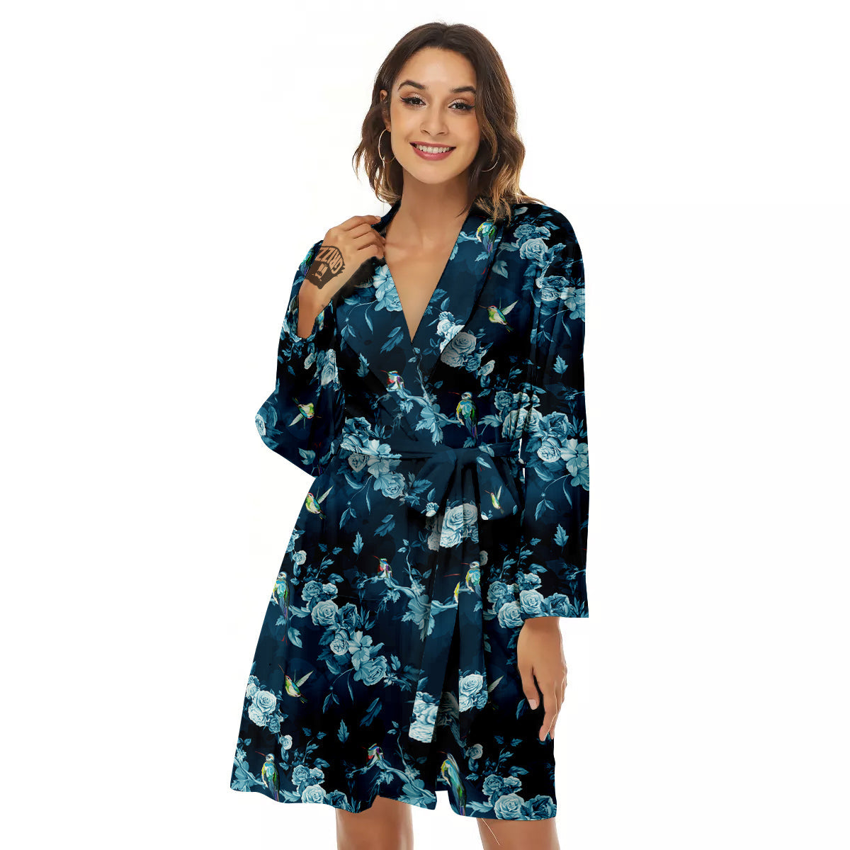 Floral Hummingbird Dark Blue Print Women's Robe-grizzshop