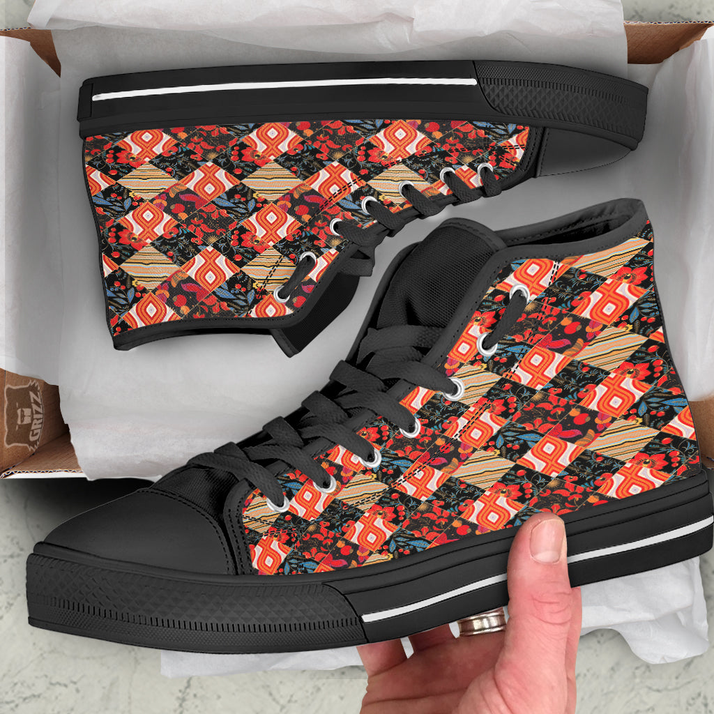 Floral Indian Patchwork Print Pattern Black High Top Shoes-grizzshop