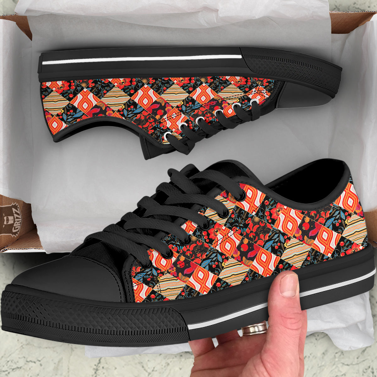 Floral Indian Patchwork Print Pattern Black Low Top Shoes-grizzshop