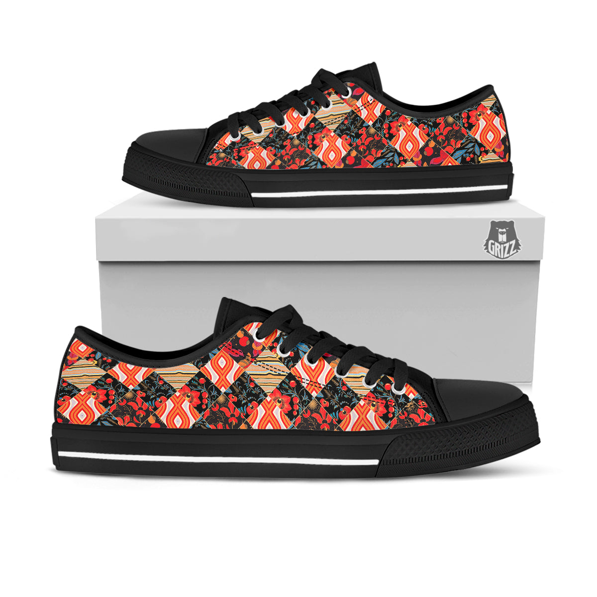 Floral Indian Patchwork Print Pattern Black Low Top Shoes-grizzshop