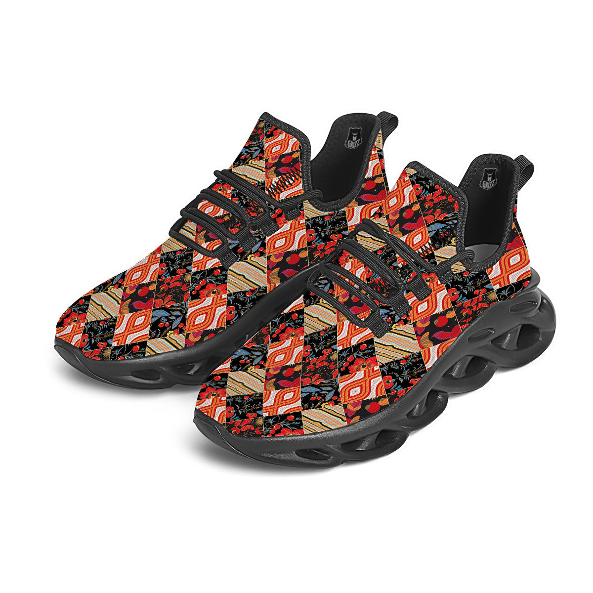 Floral Indian Patchwork Print Pattern Black Running Shoes-grizzshop