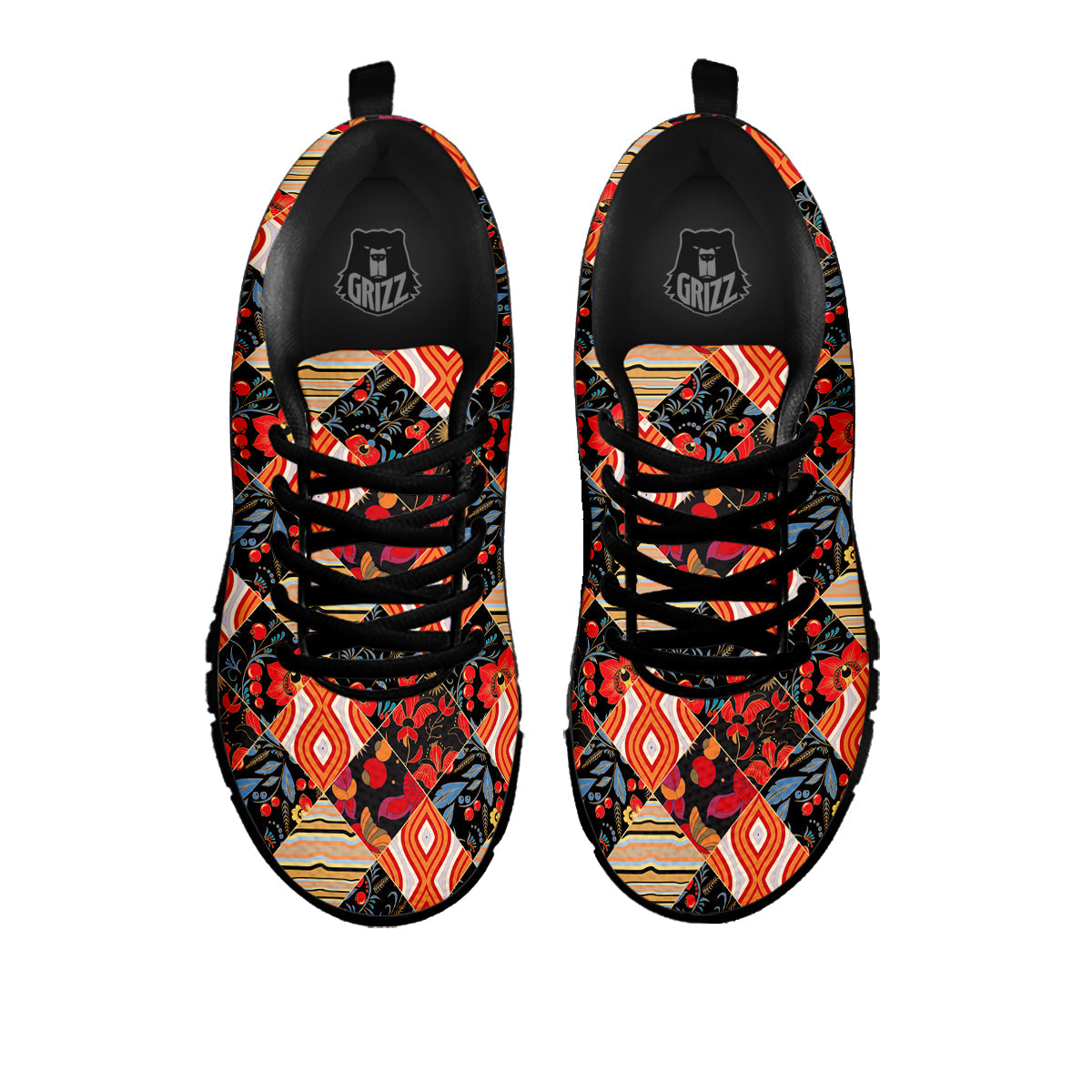 Floral Indian Patchwork Print Pattern Black Sneaker-grizzshop