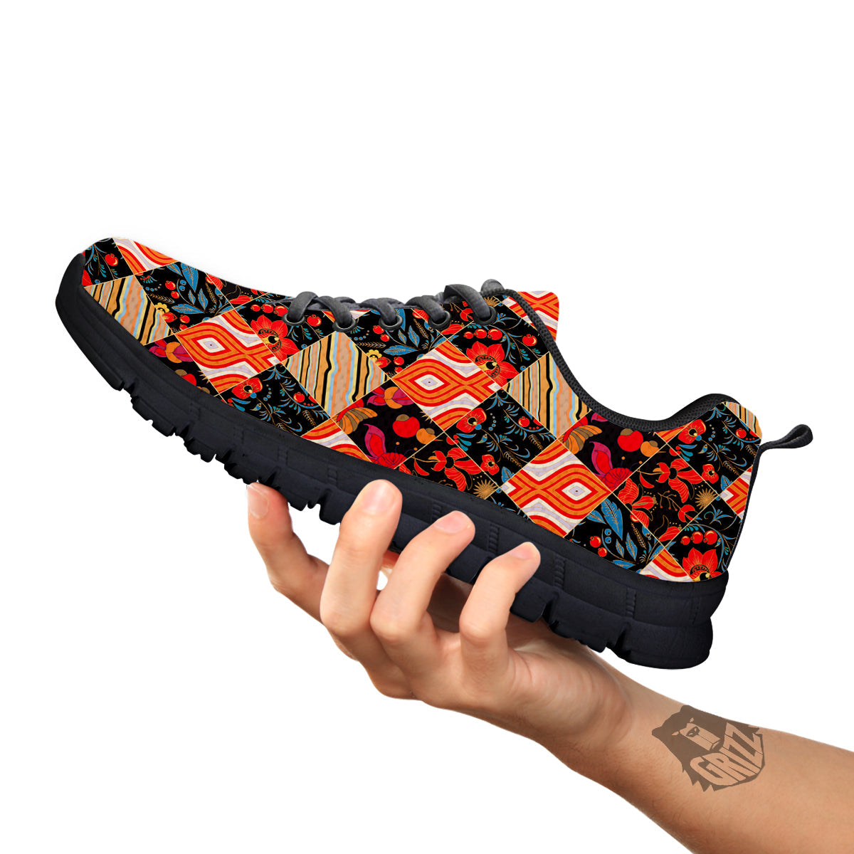 Floral Indian Patchwork Print Pattern Black Sneaker-grizzshop