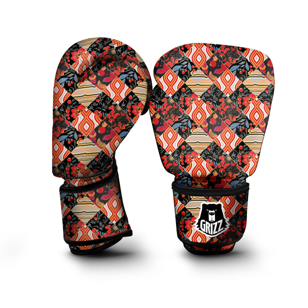Floral Indian Patchwork Print Pattern Boxing Gloves-grizzshop