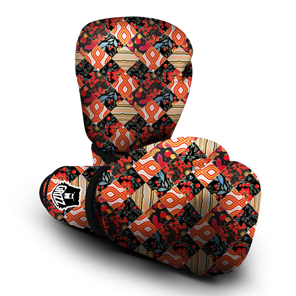 Floral Indian Patchwork Print Pattern Boxing Gloves-grizzshop