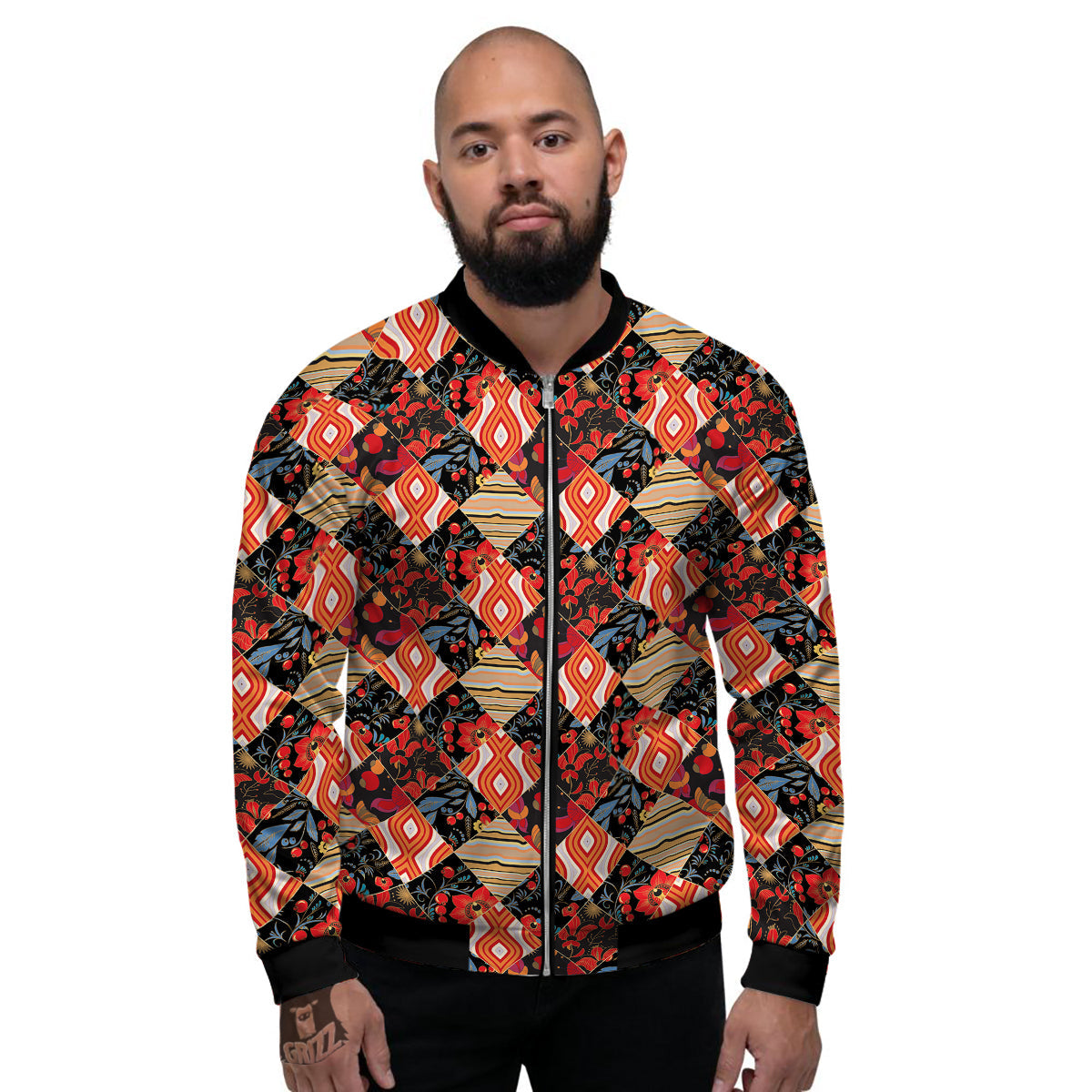 Floral Indian Patchwork Print Pattern Men's Bomber Jacket-grizzshop