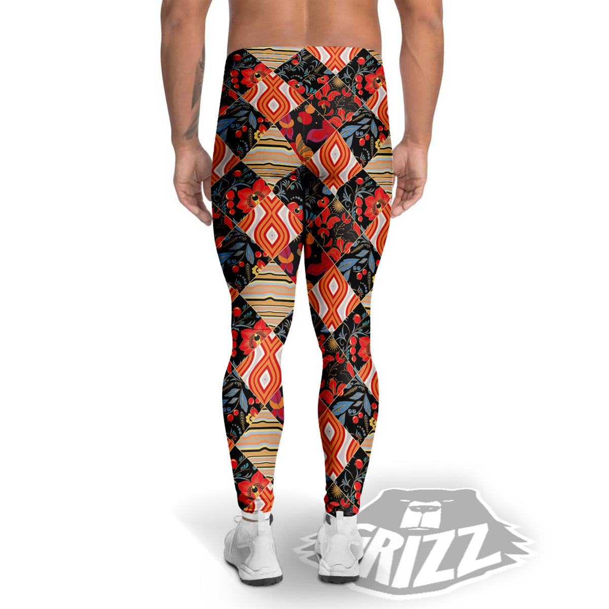 Floral Indian Patchwork Print Pattern Men's Leggings-grizzshop