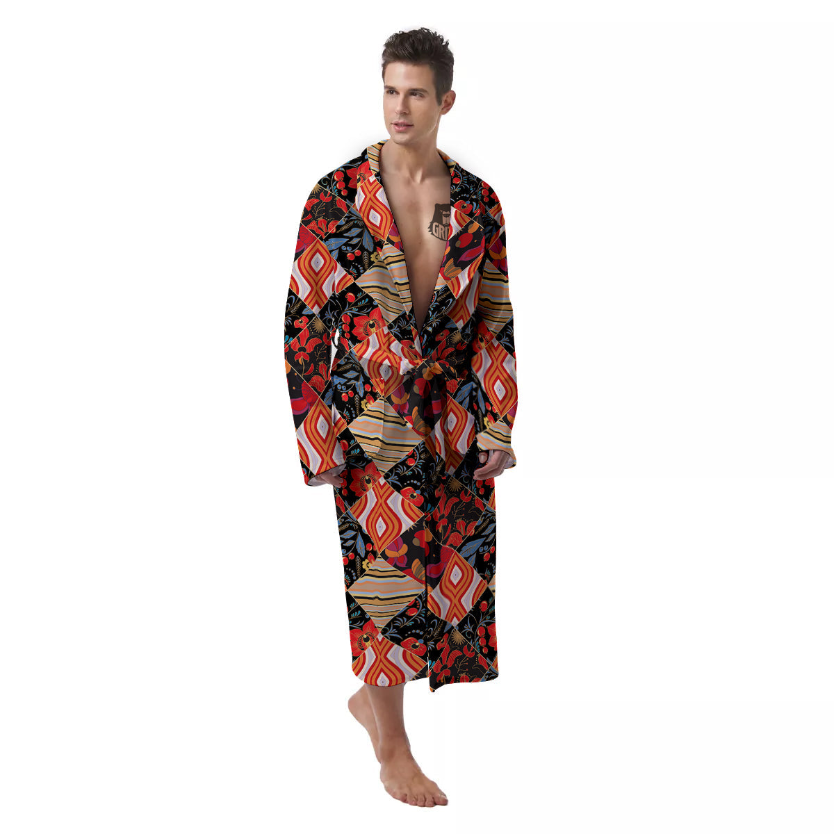Floral Indian Patchwork Print Pattern Men's Robe-grizzshop