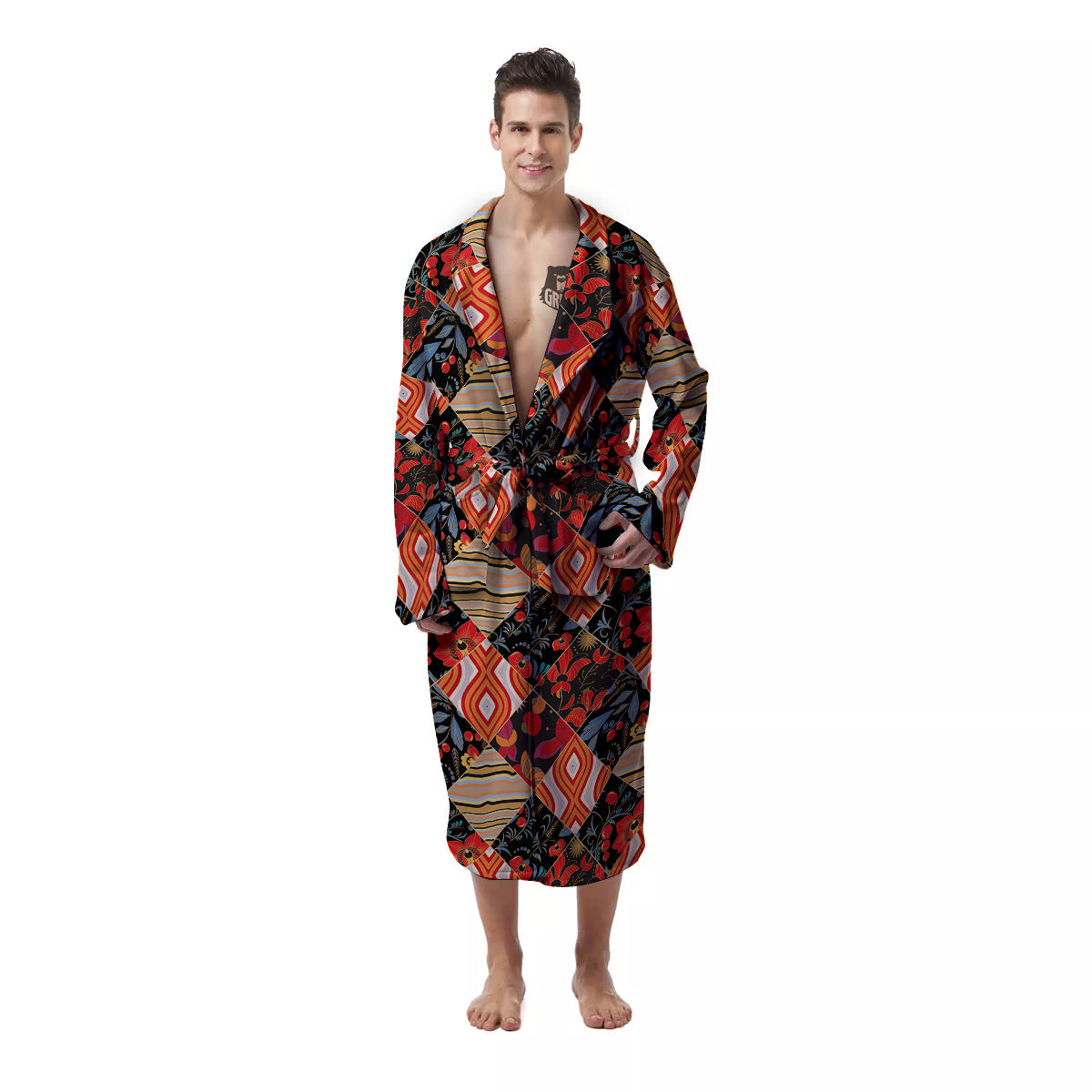 Floral Indian Patchwork Print Pattern Men's Robe-grizzshop
