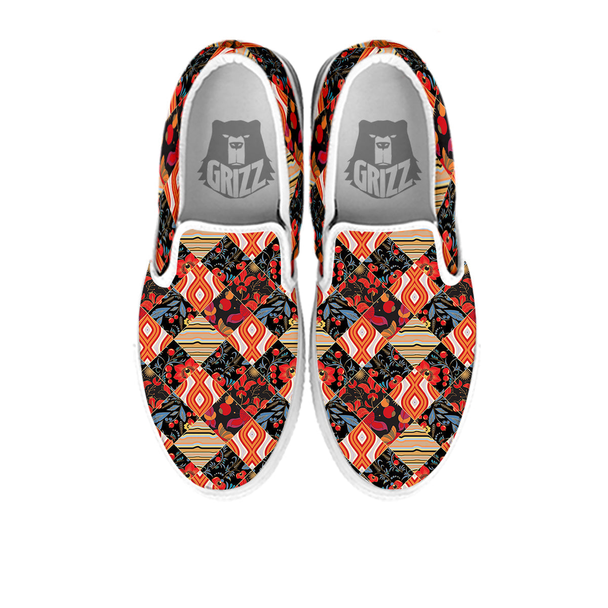 Floral Indian Patchwork Print Pattern White Slip On Shoes-grizzshop