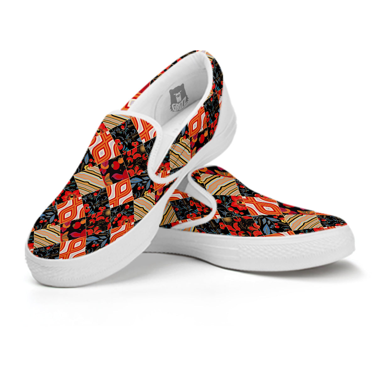 Floral Indian Patchwork Print Pattern White Slip On Shoes-grizzshop