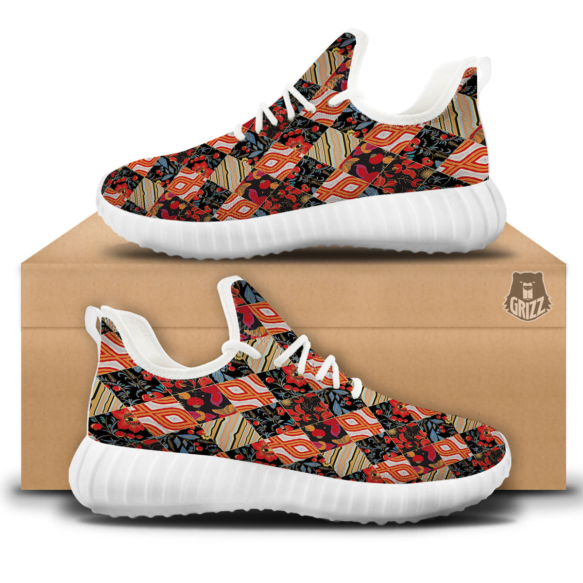 Floral Indian Patchwork Print Pattern White Walking Shoes-grizzshop