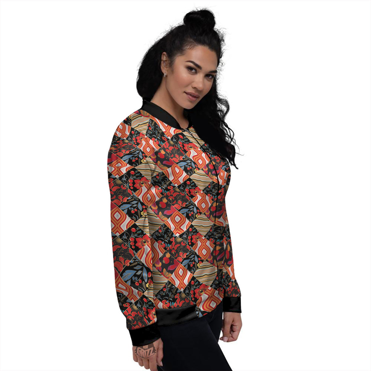 Floral Indian Patchwork Print Pattern Women's Bomber Jacket-grizzshop
