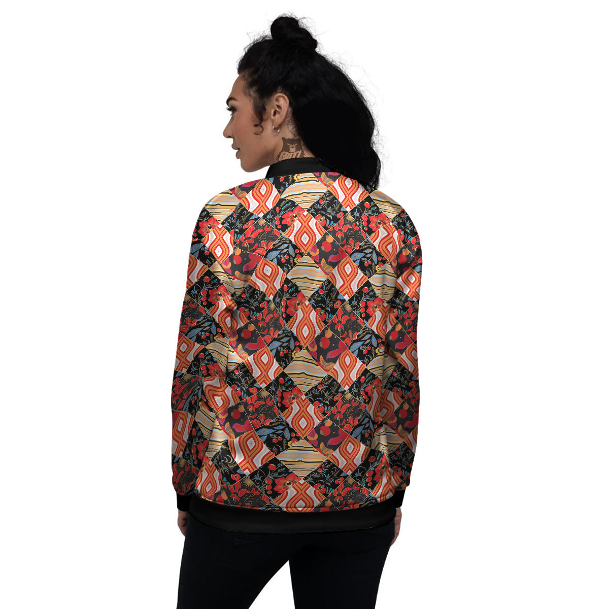 Floral Indian Patchwork Print Pattern Women's Bomber Jacket-grizzshop