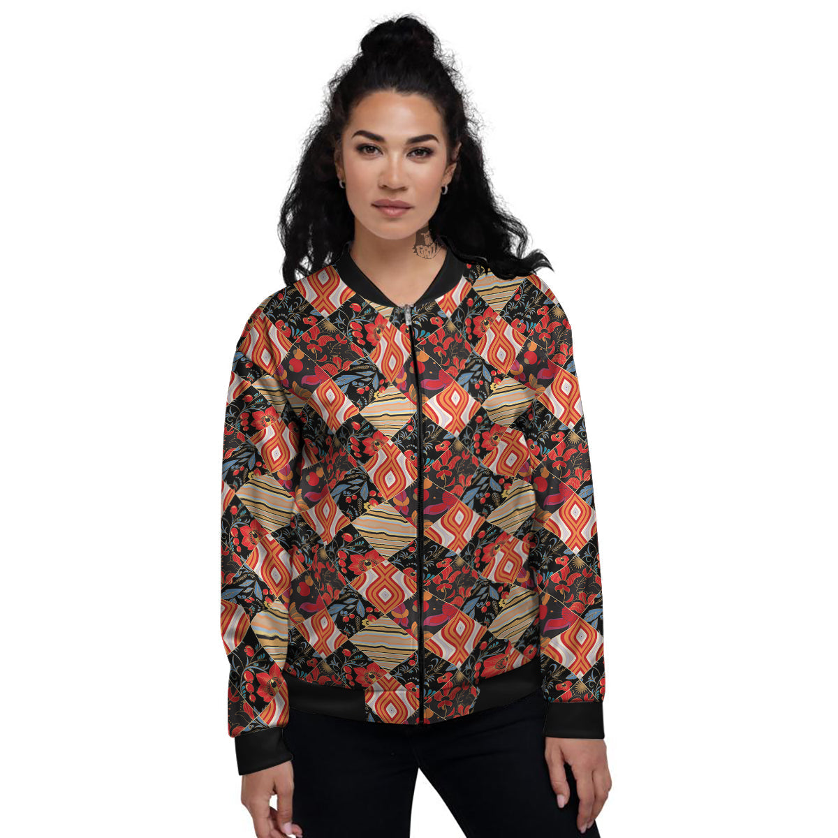 Floral Indian Patchwork Print Pattern Women's Bomber Jacket-grizzshop
