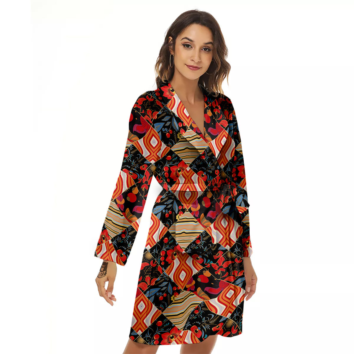 Floral Indian Patchwork Print Pattern Women's Robe-grizzshop