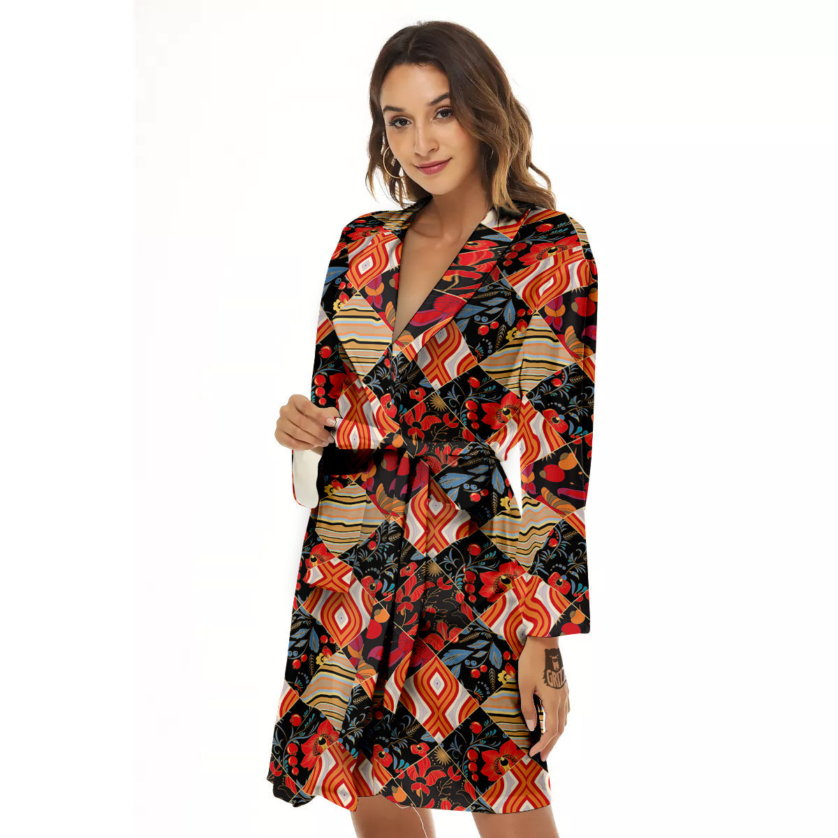 Floral Indian Patchwork Print Pattern Women's Robe-grizzshop