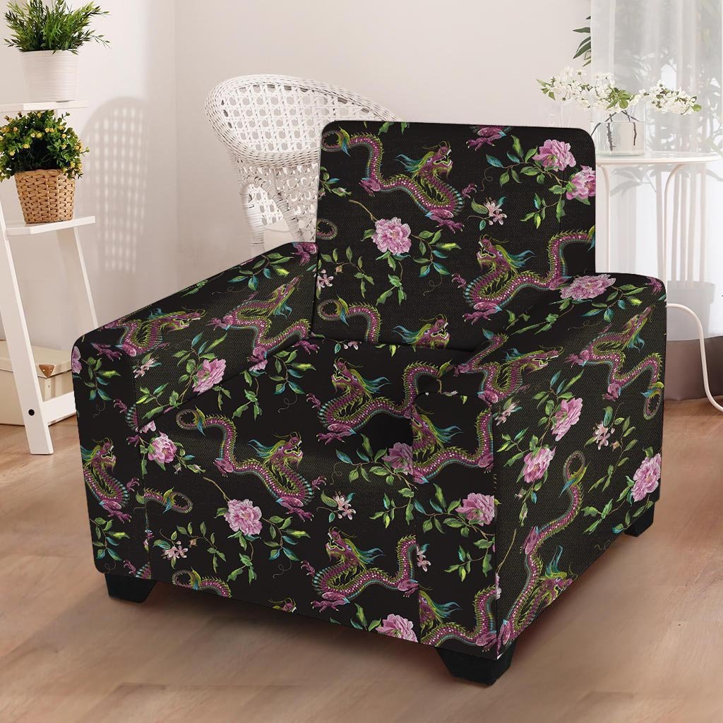 Floral Janpanese Dragon Print Armchair Cover-grizzshop