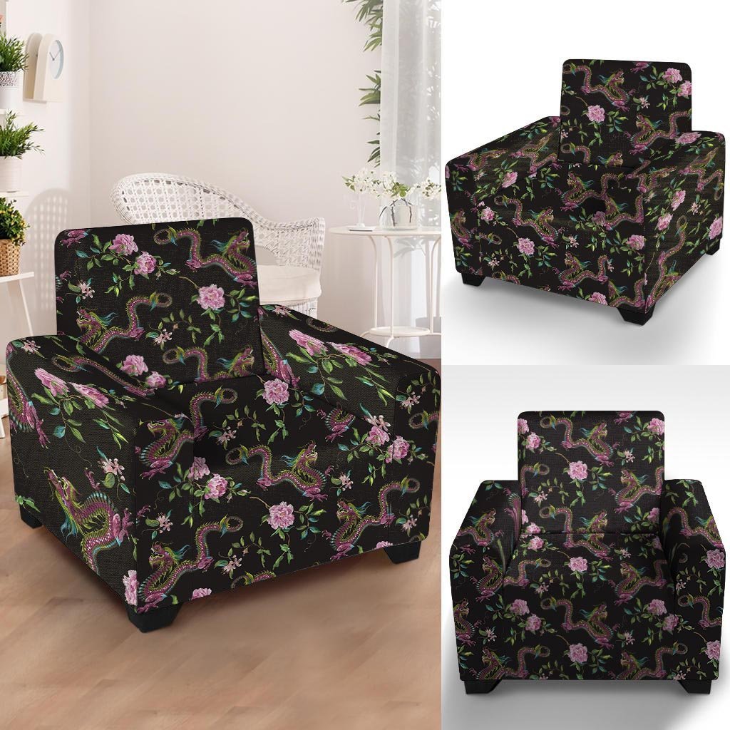 Floral Janpanese Dragon Print Armchair Cover-grizzshop