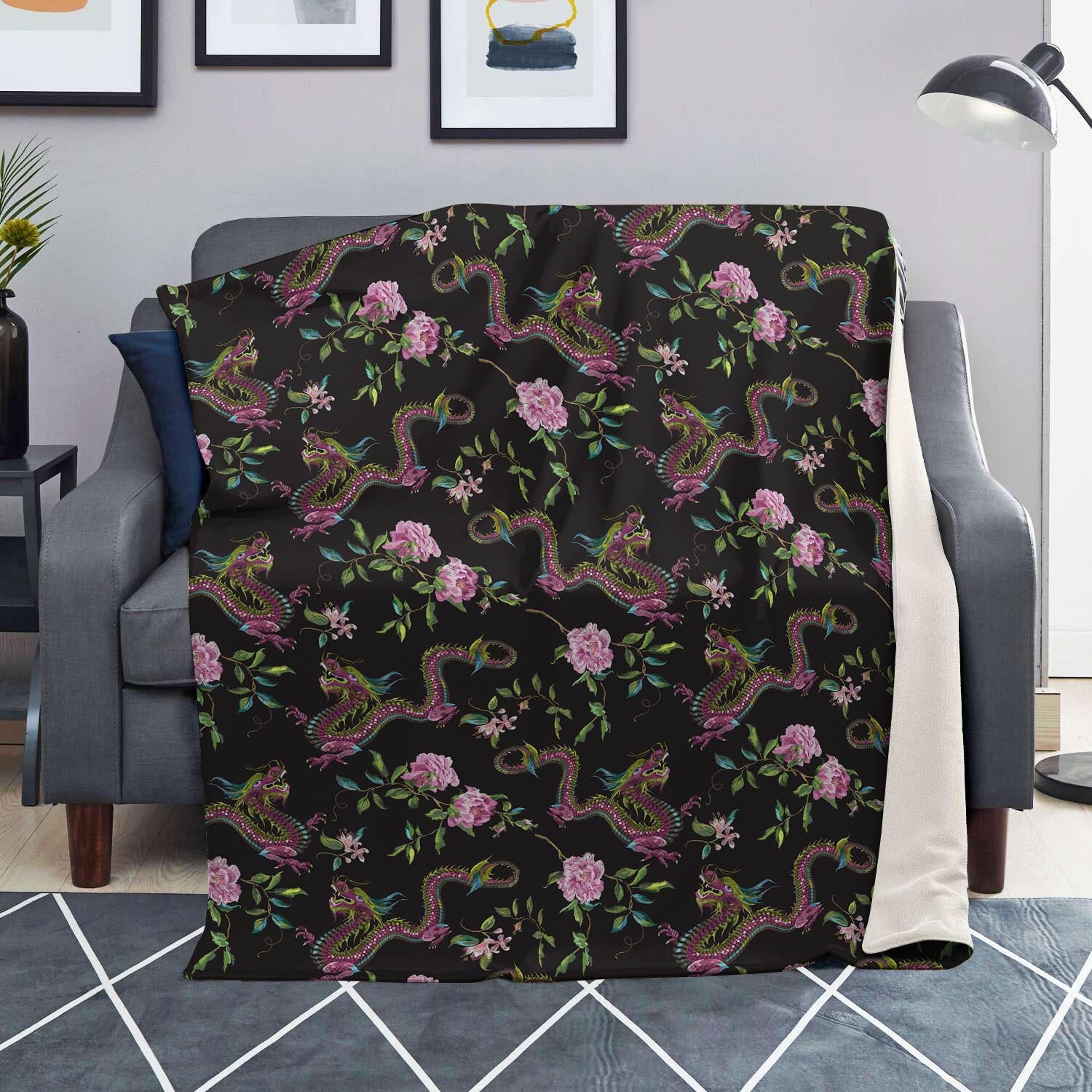 Floral Janpanese Dragon Print Blanket-grizzshop