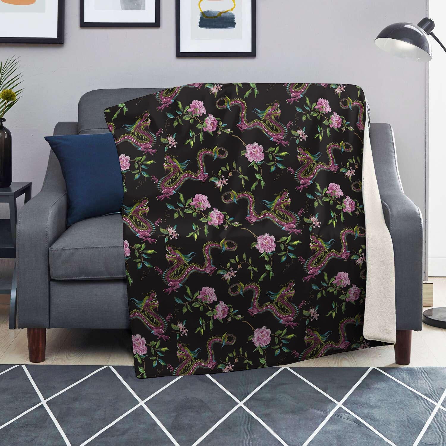 Floral Janpanese Dragon Print Blanket-grizzshop