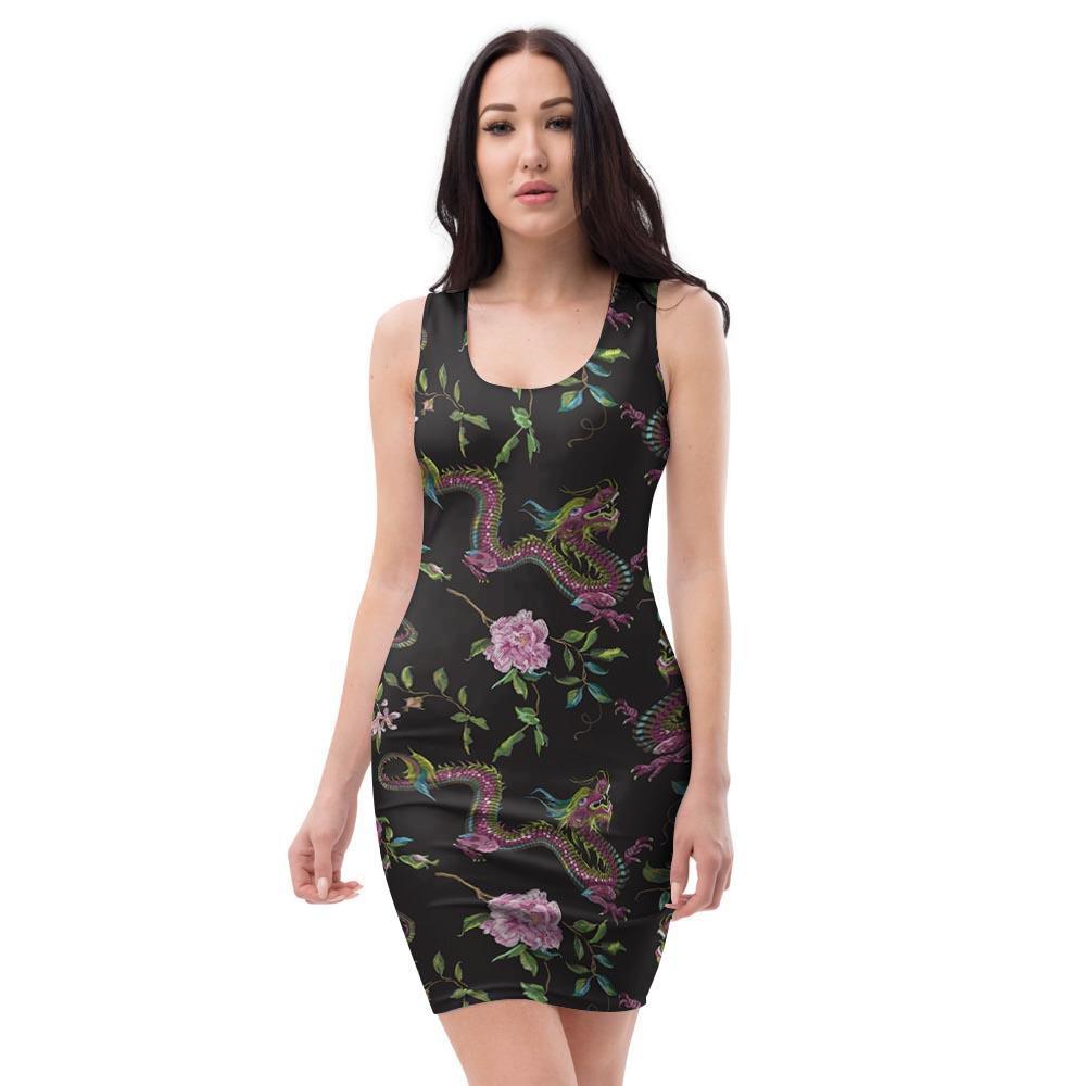 Floral Janpanese Dragon Print Bodycon Dress-grizzshop