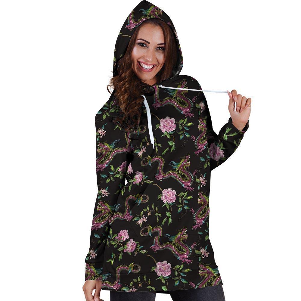 Floral Janpanese Dragon Print Hoodie Dress-grizzshop