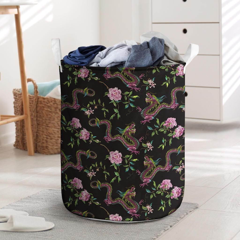 Floral Janpanese Dragon Print Laundry Basket-grizzshop