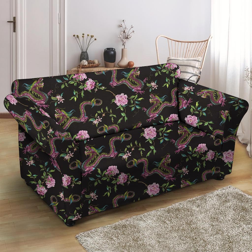 Floral Janpanese Dragon Print Loveseat Cover-grizzshop