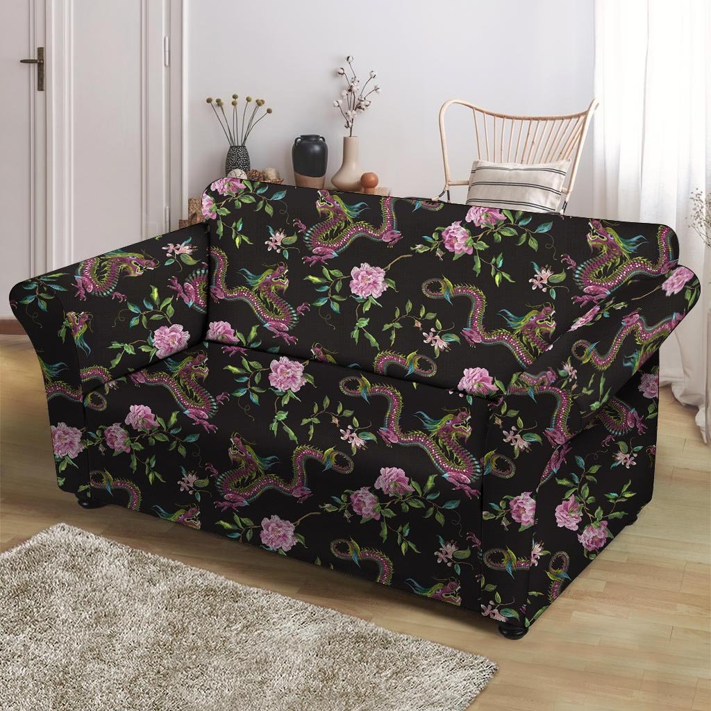 Floral Janpanese Dragon Print Loveseat Cover-grizzshop