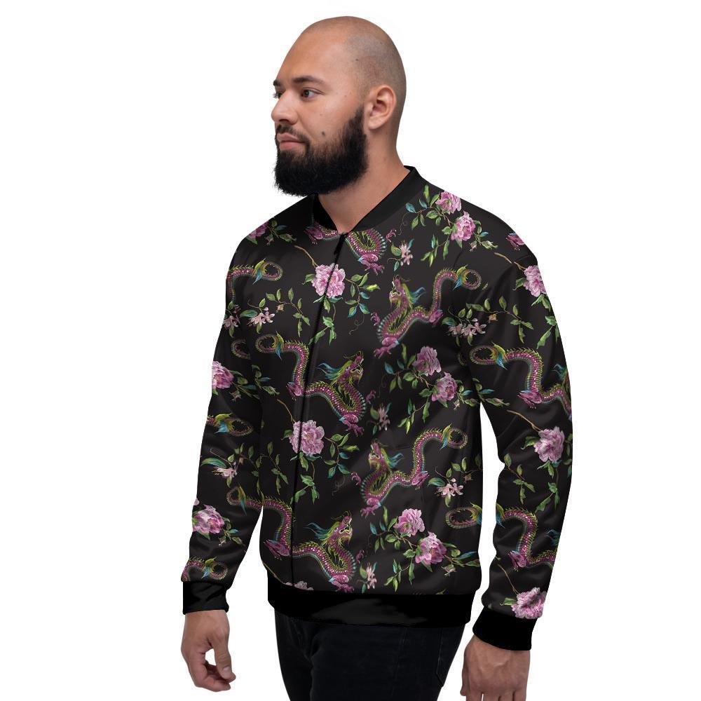 Floral Janpanese Dragon Print Men's Bomber Jacket-grizzshop