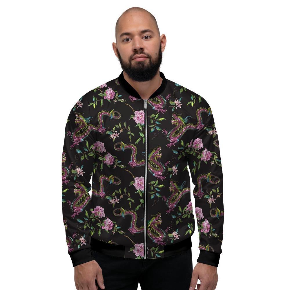 Floral Janpanese Dragon Print Men's Bomber Jacket-grizzshop