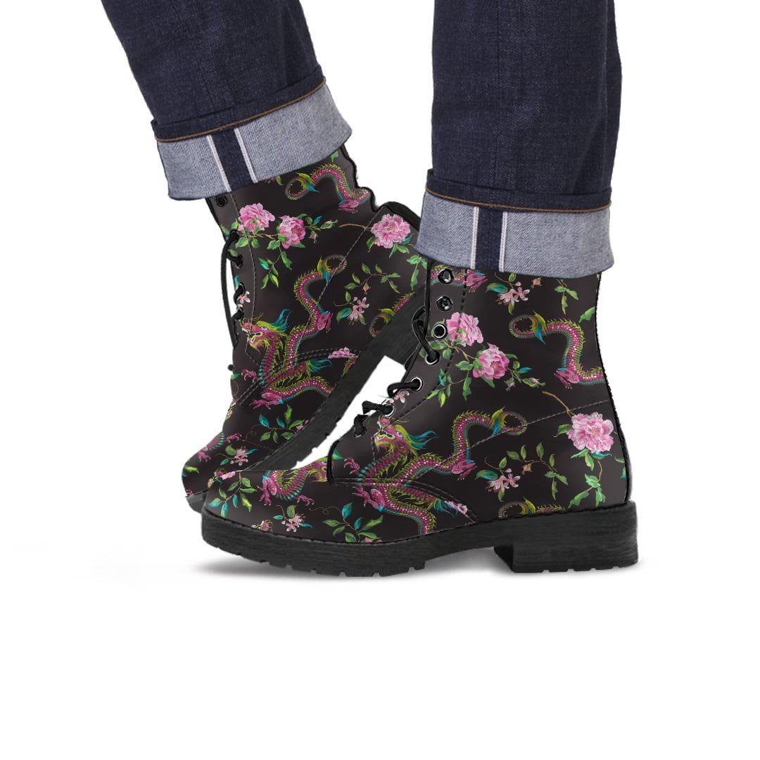 Floral Janpanese Dragon Print Men's Boots-grizzshop