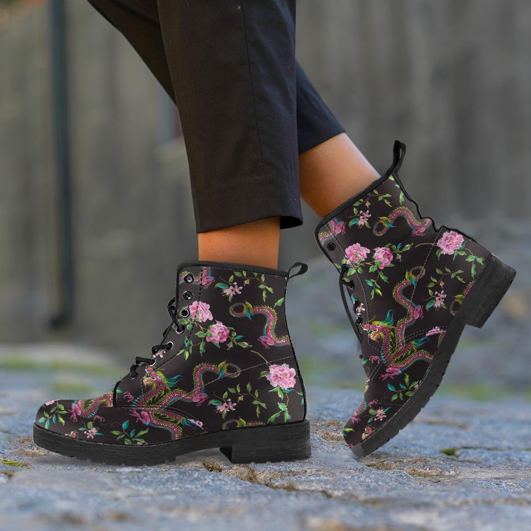 Floral Janpanese Dragon Print Men's Boots-grizzshop