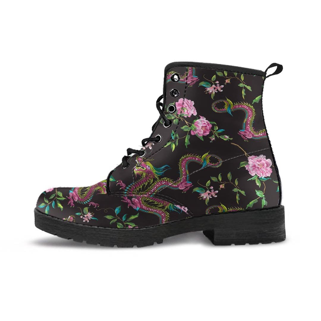 Floral Janpanese Dragon Print Men's Boots-grizzshop