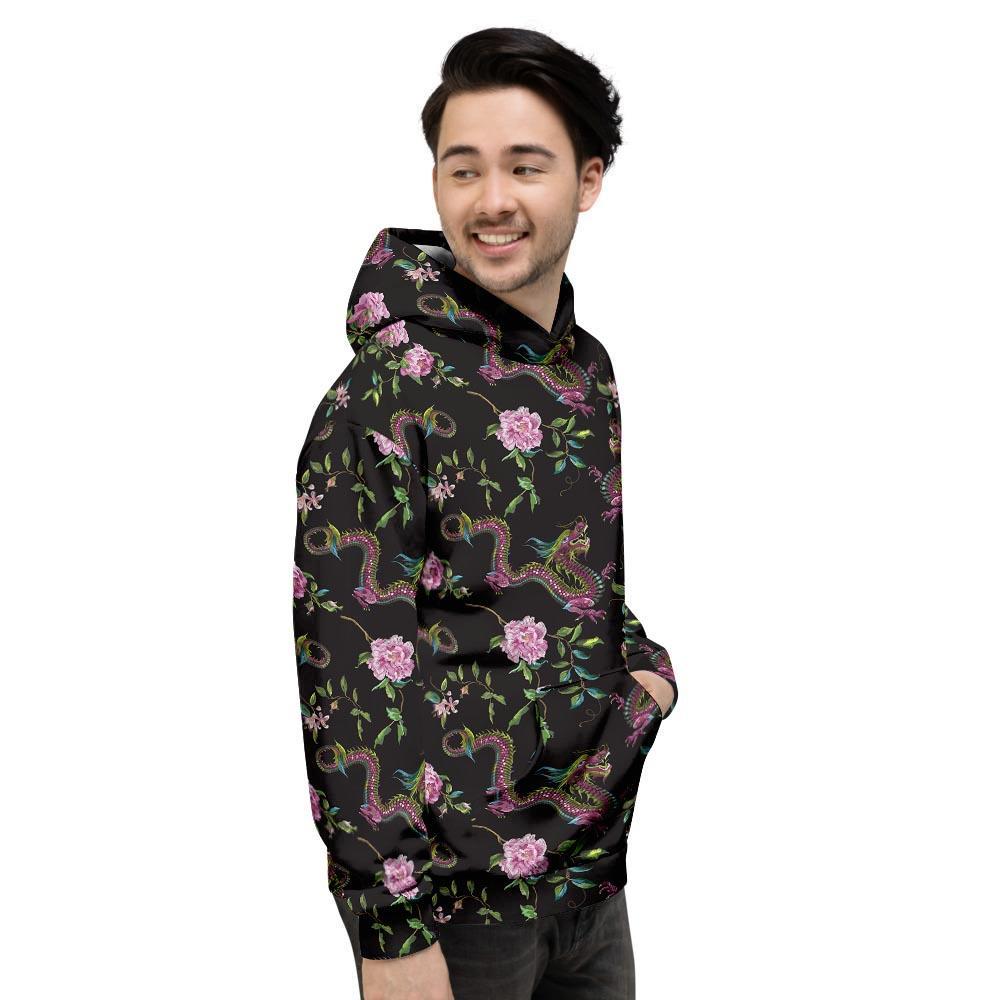 Floral Janpanese Dragon Print Men's Hoodie-grizzshop