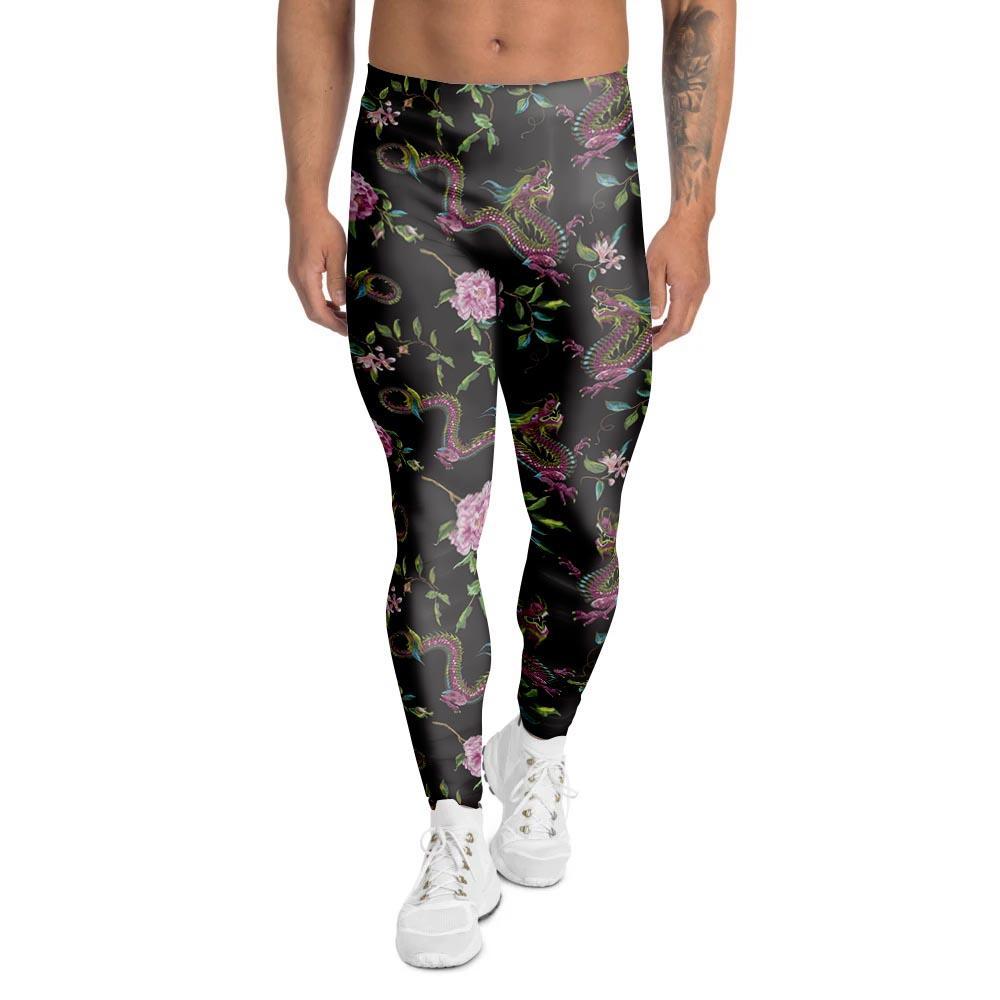 Floral Janpanese Dragon Print Men's Leggings-grizzshop