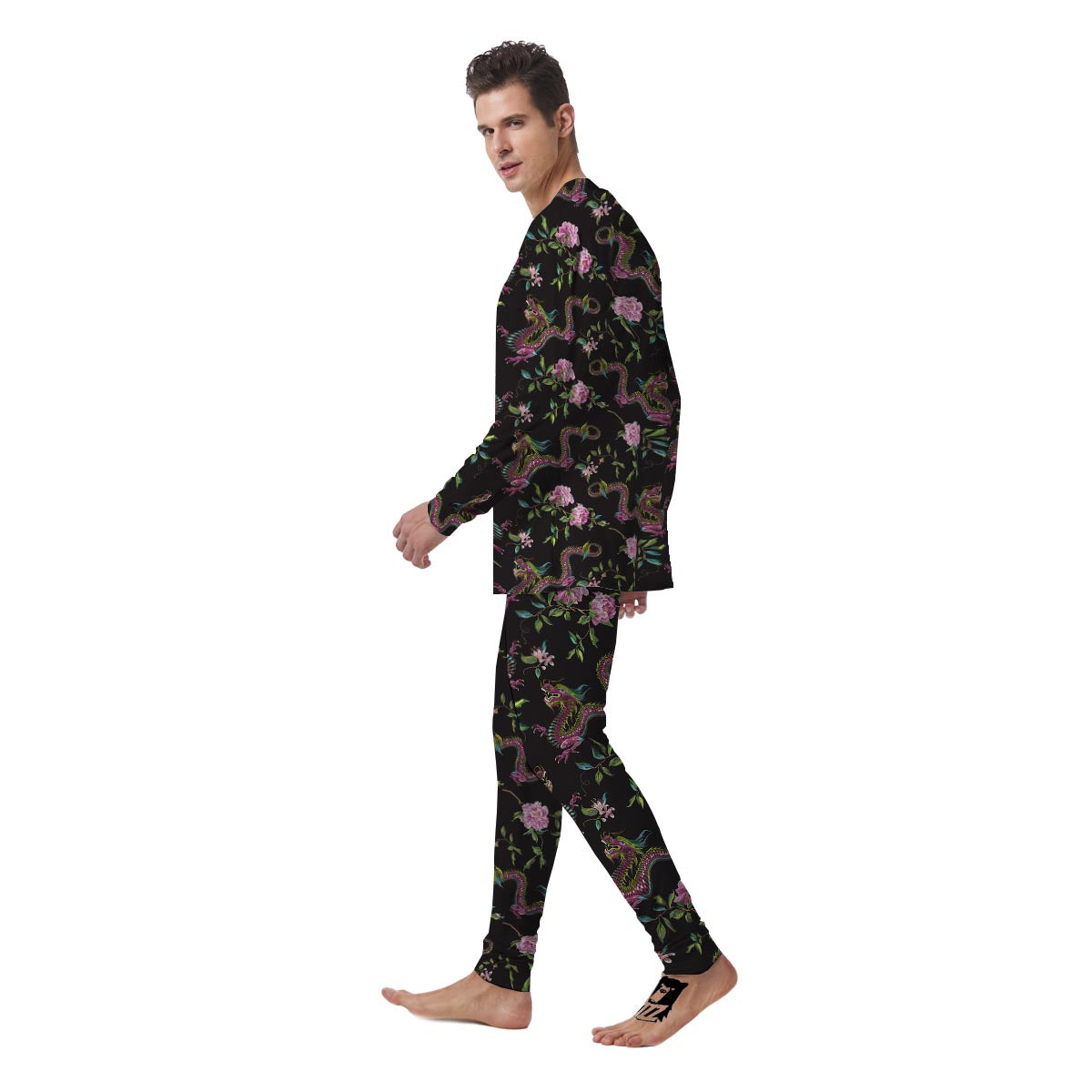 Floral Janpanese Dragon Print Men's Pajamas-grizzshop