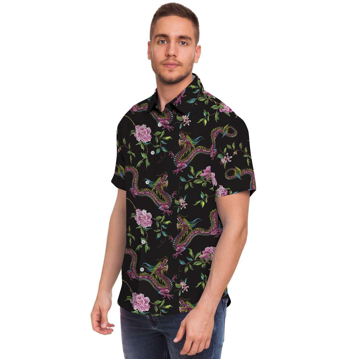 Floral Janpanese Dragon Print Men's Short Sleeve Shirt-grizzshop