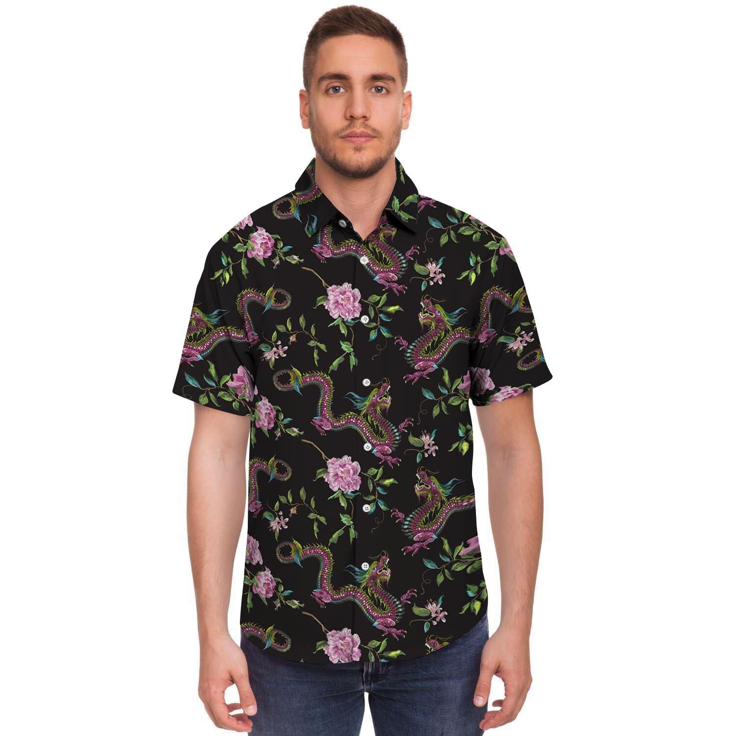 Floral Janpanese Dragon Print Men's Short Sleeve Shirt-grizzshop