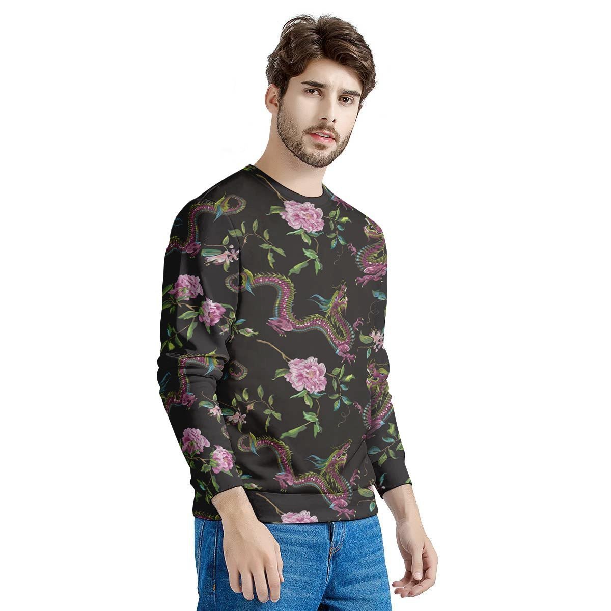 Floral Janpanese Dragon Print Men's Sweatshirt-grizzshop